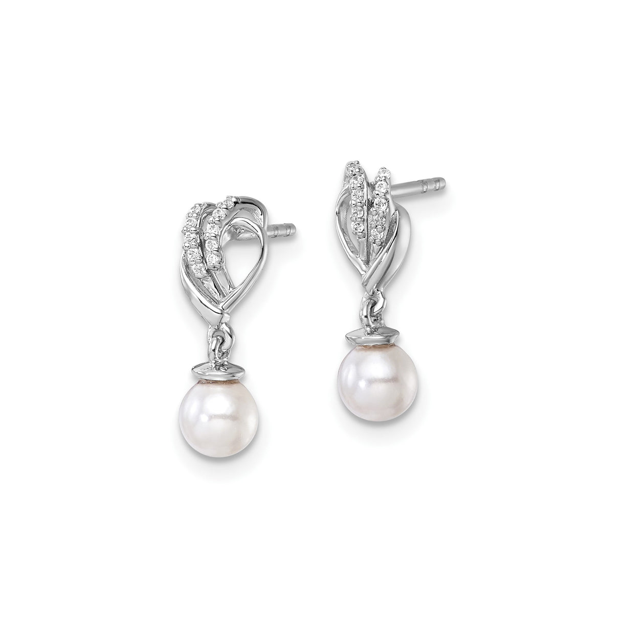14k White Gold Drop Earrings with Cultured Pearls and Diamonds, Heart Shaped Bridal Jewelry