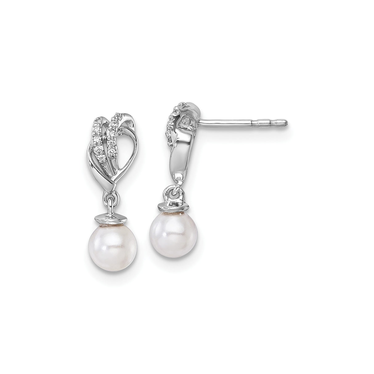 14k White Gold Drop Earrings with Cultured Pearls and Diamonds, Heart Shaped Bridal Jewelry