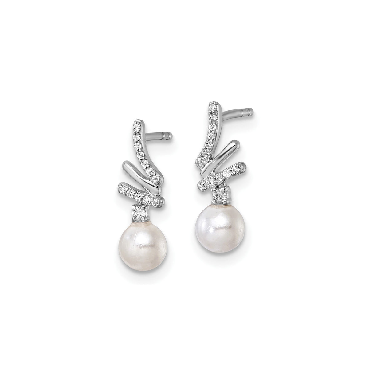14k White Gold Drop Earrings with Cultured Freshwater Pearls and Diamonds, Modern Abstract Design