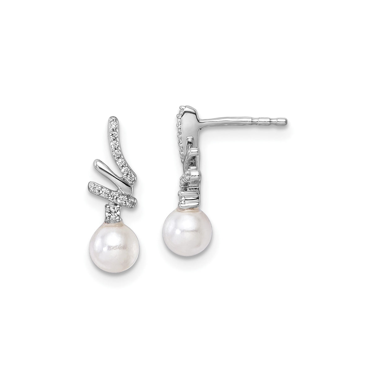 14k White Gold Drop Earrings with Cultured Freshwater Pearls and Diamonds, Modern Abstract Design