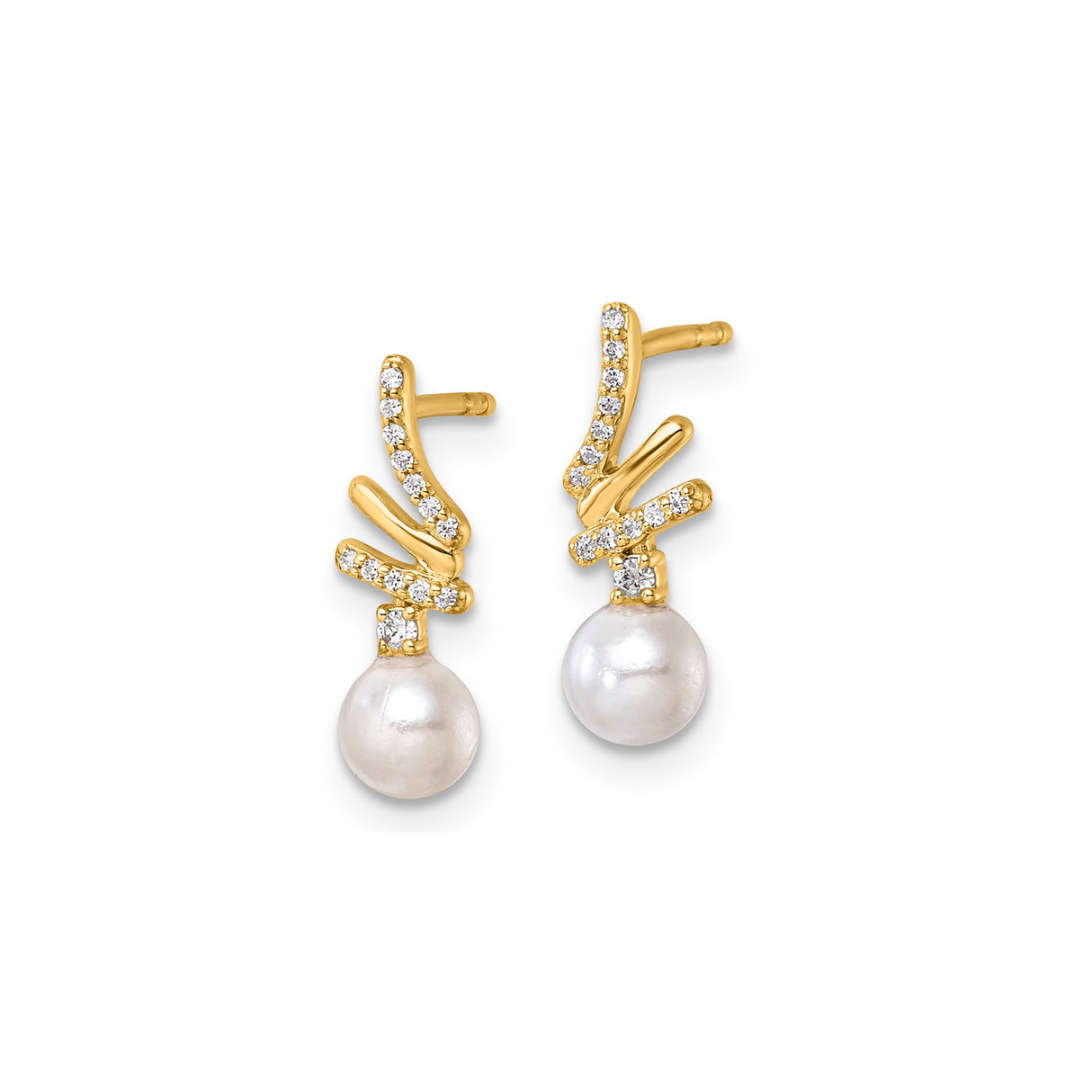 14k Yellow Gold Drop Earrings with White Cultured Pearl and Diamond Accents, Branch Design
