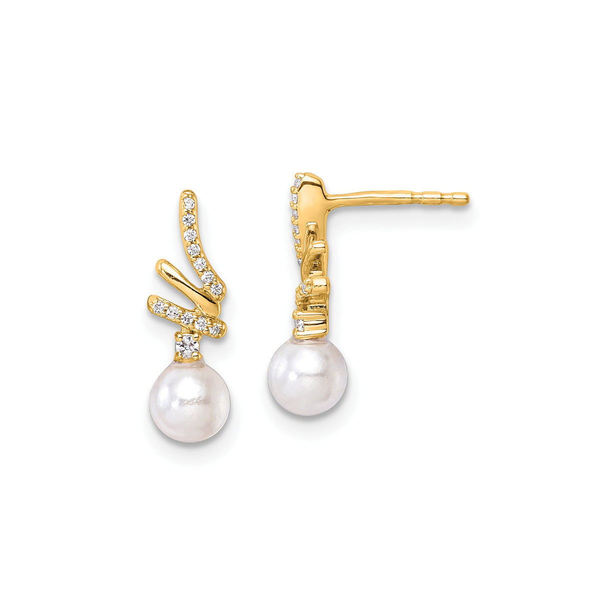 14k Yellow Gold Drop Earrings with White Cultured Pearl and Diamond Accents, Branch Design