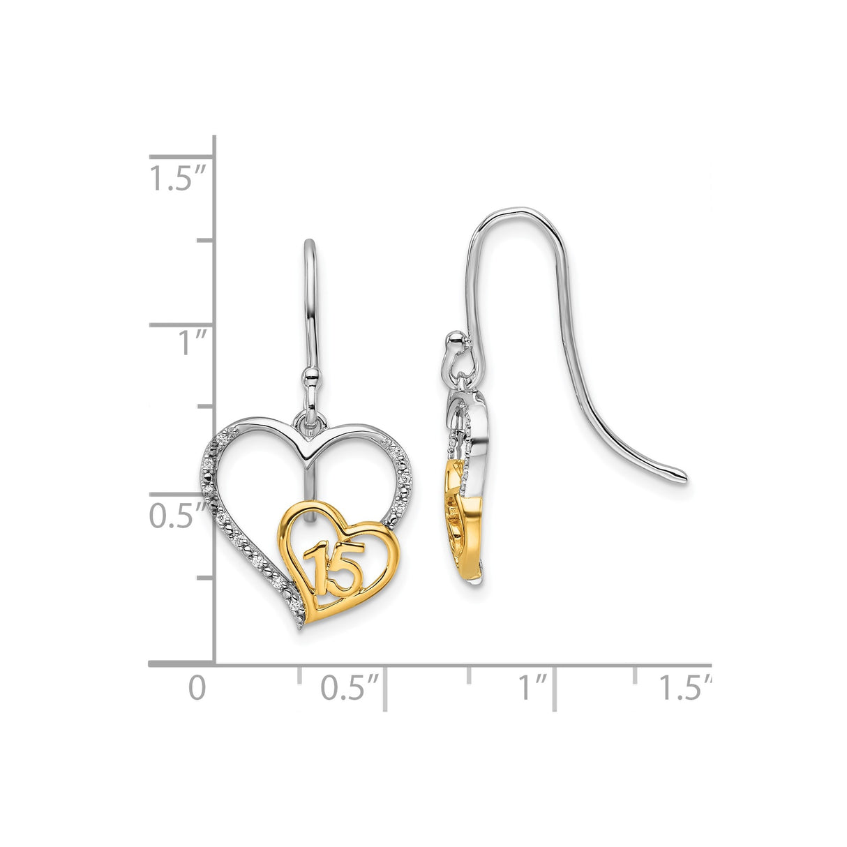 14k Two-Tone Gold Dangle Earrings with Diamond Accents, Open Heart and Number 15 Design