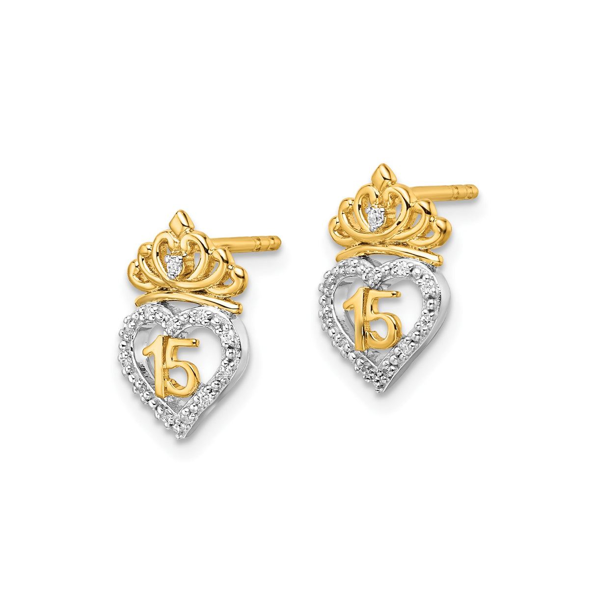 14k Yellow Gold Heart Crown Stud Earrings with Diamond and Number 15 for Quinceañera