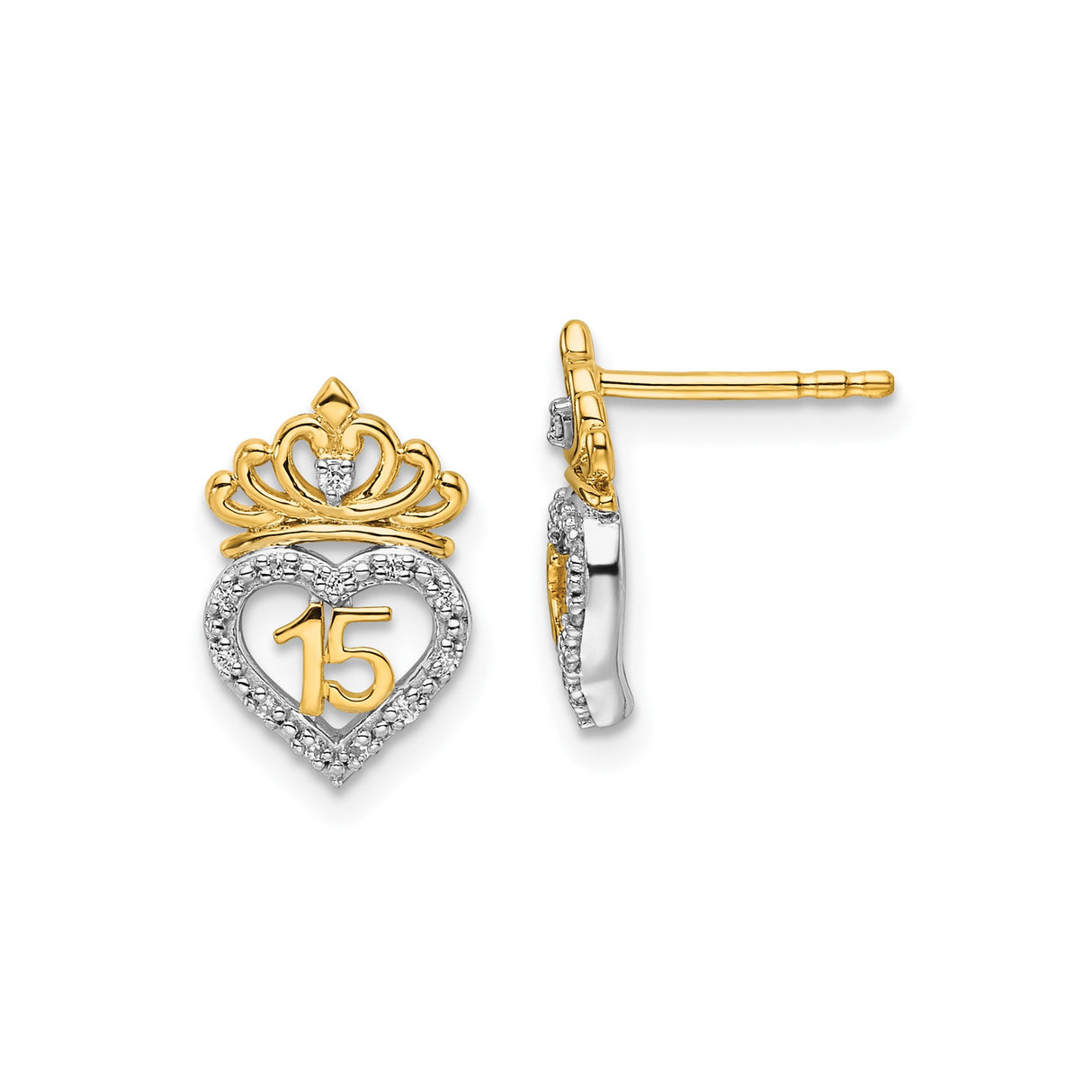 14k Yellow Gold Heart Crown Stud Earrings with Diamond and Number 15 for Quinceañera