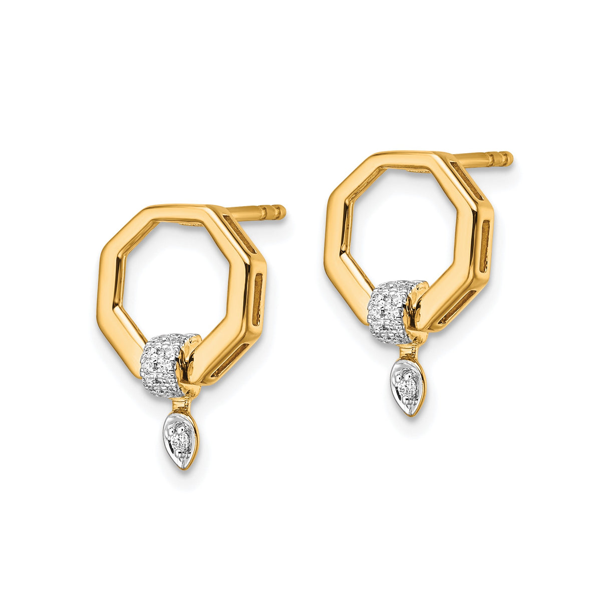 14k Yellow Gold Octagon Stud Earrings with Pavé Diamond Accents and Marquise Drop