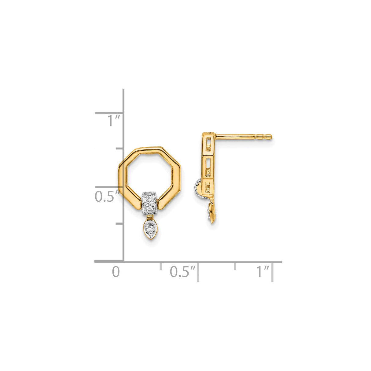 14k Yellow Gold Octagon Stud Earrings with Pavé Diamond Accents and Marquise Drop