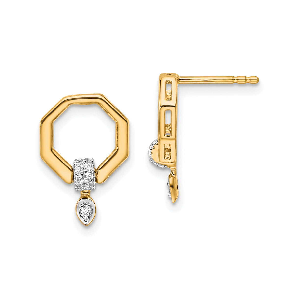 14k Yellow Gold Octagon Stud Earrings with Pavé Diamond Accents and Marquise Drop