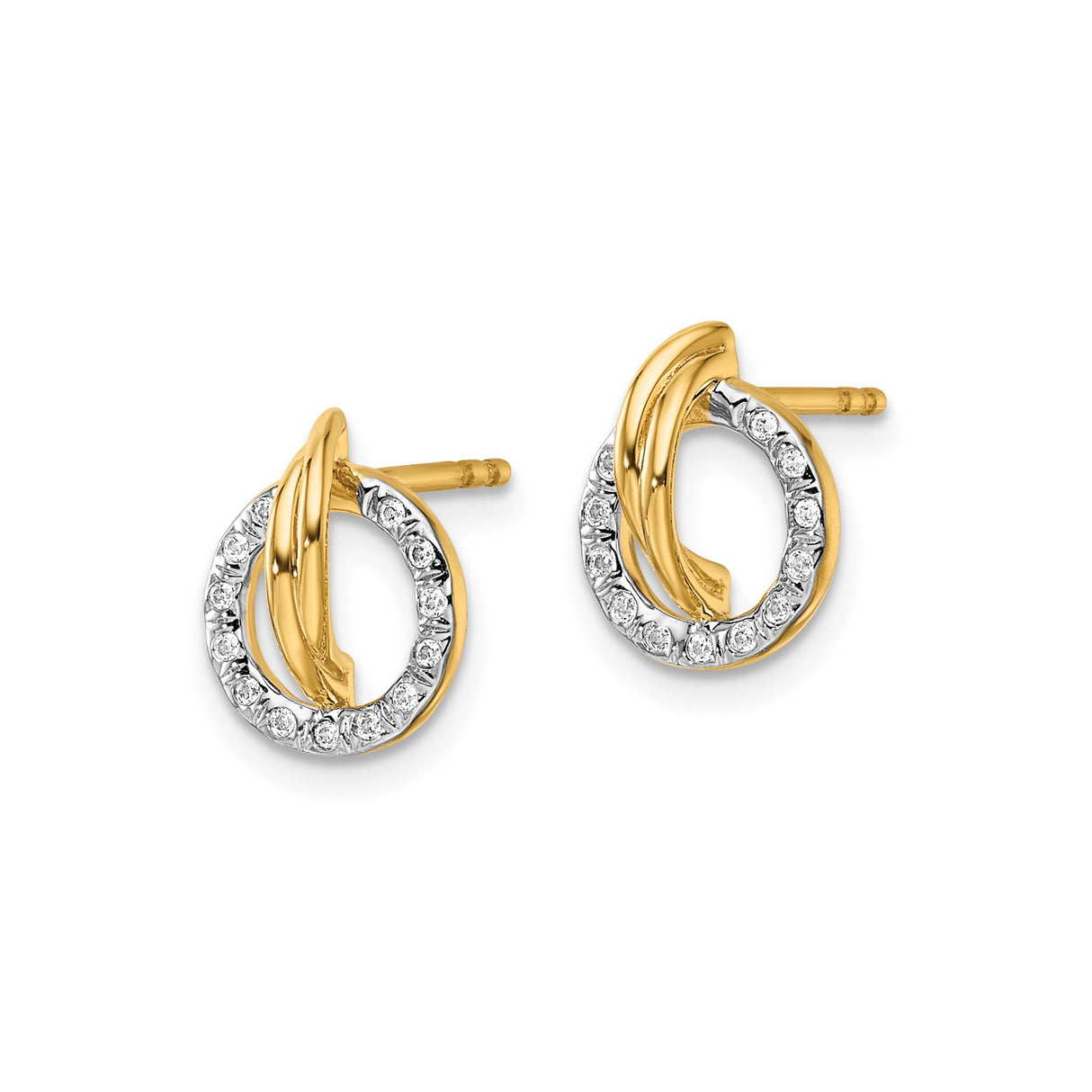 14k Yellow Gold Circle Stud Earrings with Diamond Accents, Polished Geometric Design