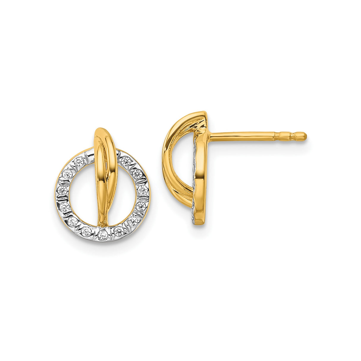 14k Yellow Gold Circle Stud Earrings with Diamond Accents, Polished Geometric Design