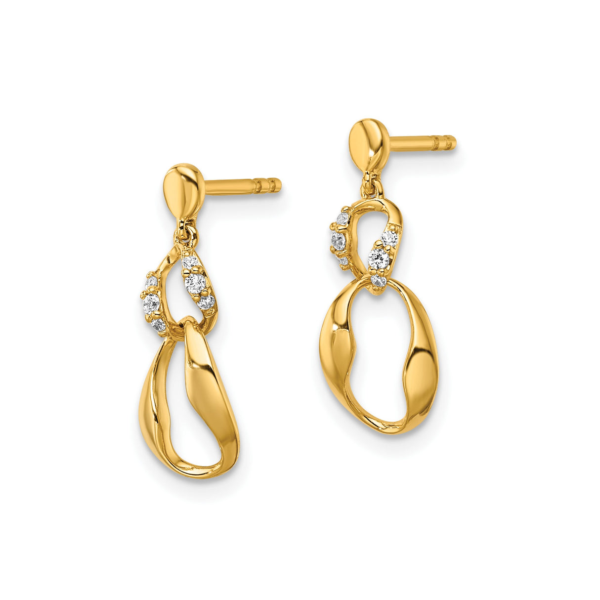 14k Yellow Gold Dangle Earrings with Diamond Accents, Twisted Teardrop Open Loop Design