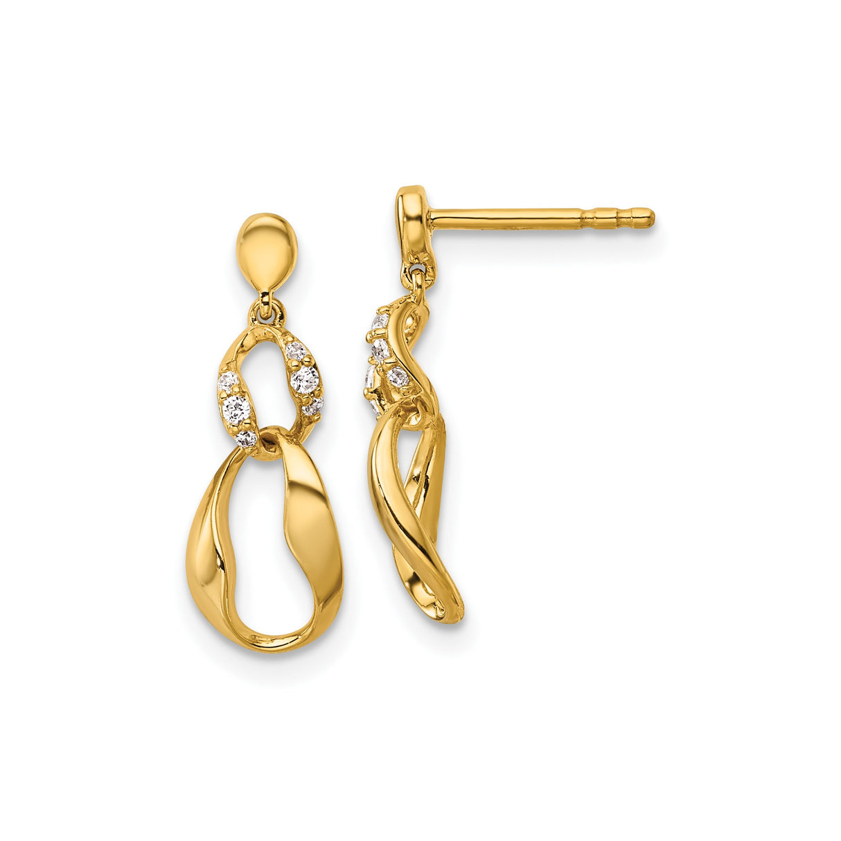 14k Yellow Gold Dangle Earrings with Diamond Accents, Twisted Teardrop Open Loop Design