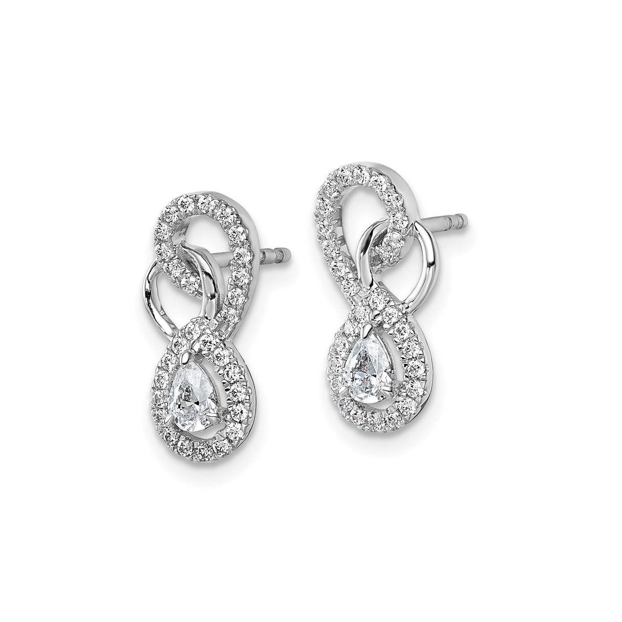 14k White Gold Infinity Stud Earrings with Pear Shaped Diamonds and Pavé Accents