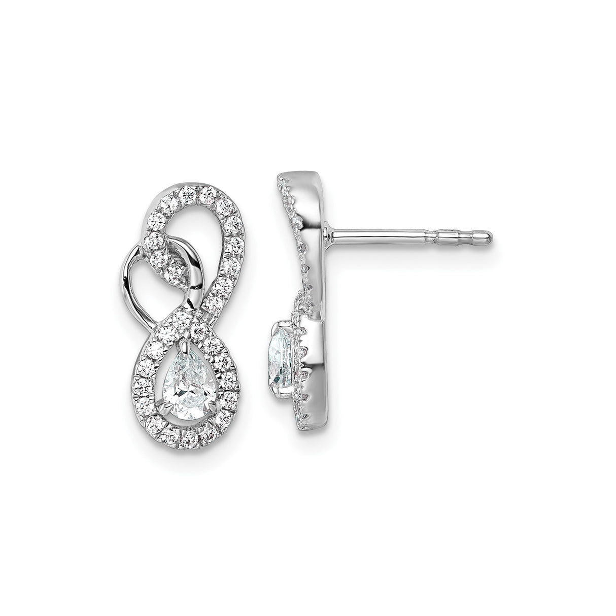 14k White Gold Infinity Stud Earrings with Pear Shaped Cubic Zirconia and Pavé Accents
