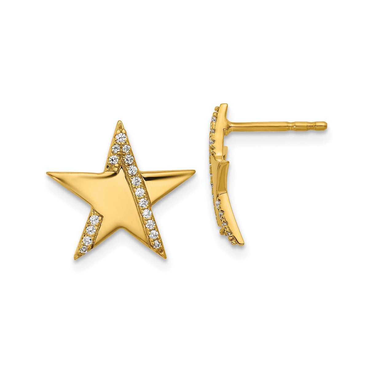 14k Yellow Gold Star Stud Earrings with Diamond Accents, Asymmetrical Celestial Design