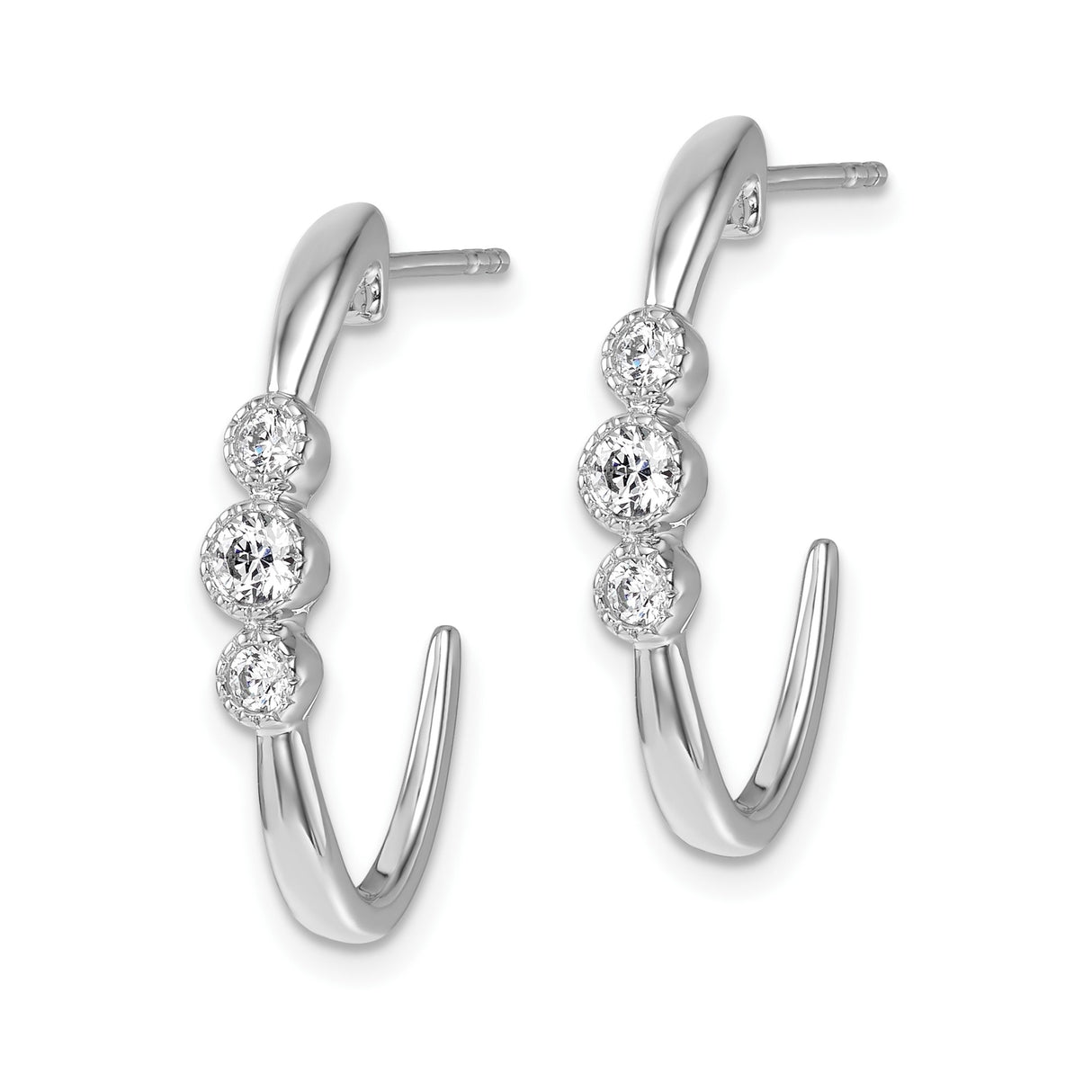 14k White Gold Hoop Earrings with Three Round Cut Diamonds, Modern Minimalist Design
