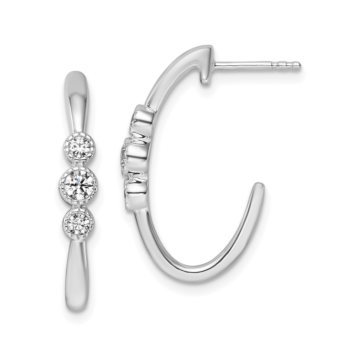 14k White Gold Hoop Earrings with Three Round Cut Diamonds, Modern Minimalist Design