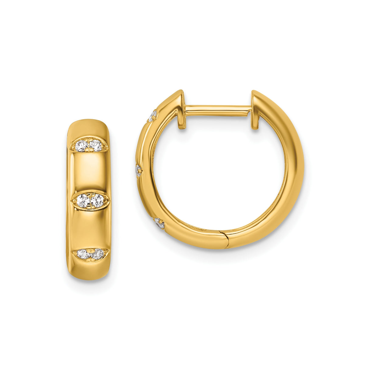 14k Yellow Gold Hoop Earrings with Round Diamonds in Marquise Setting, Polished Finish
