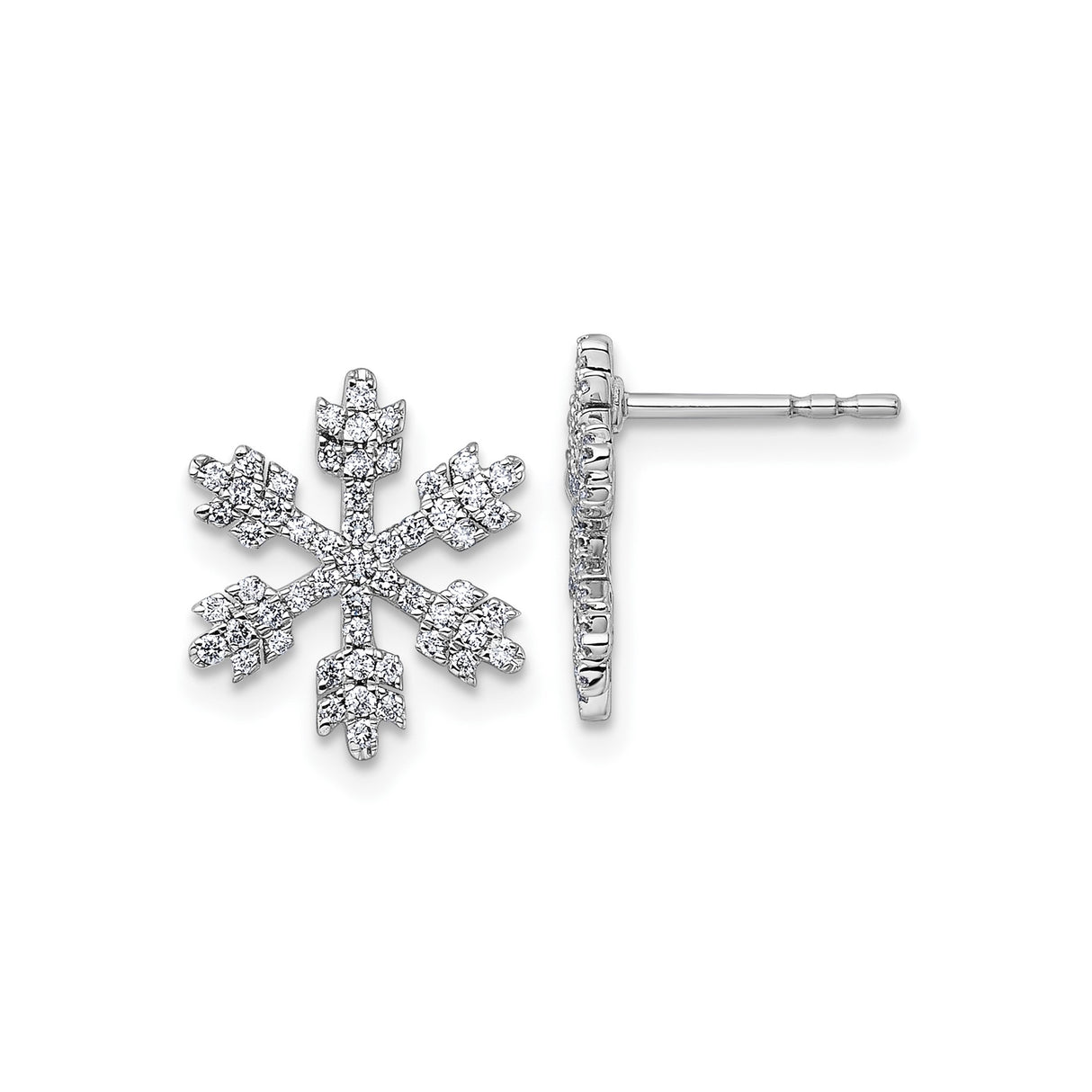 14k White Gold Snowflake Stud Earrings with Diamond Pavé, Winter Holiday Jewelry for Women