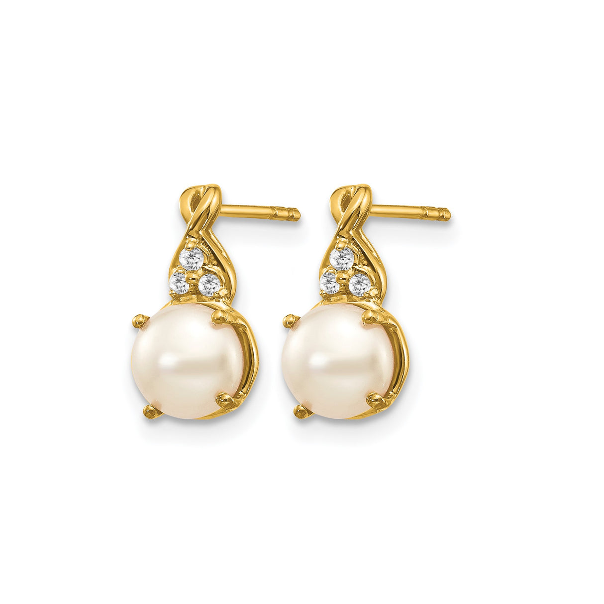 10k Yellow Gold Stud Earrings with Round White Pearl and Diamond Accents