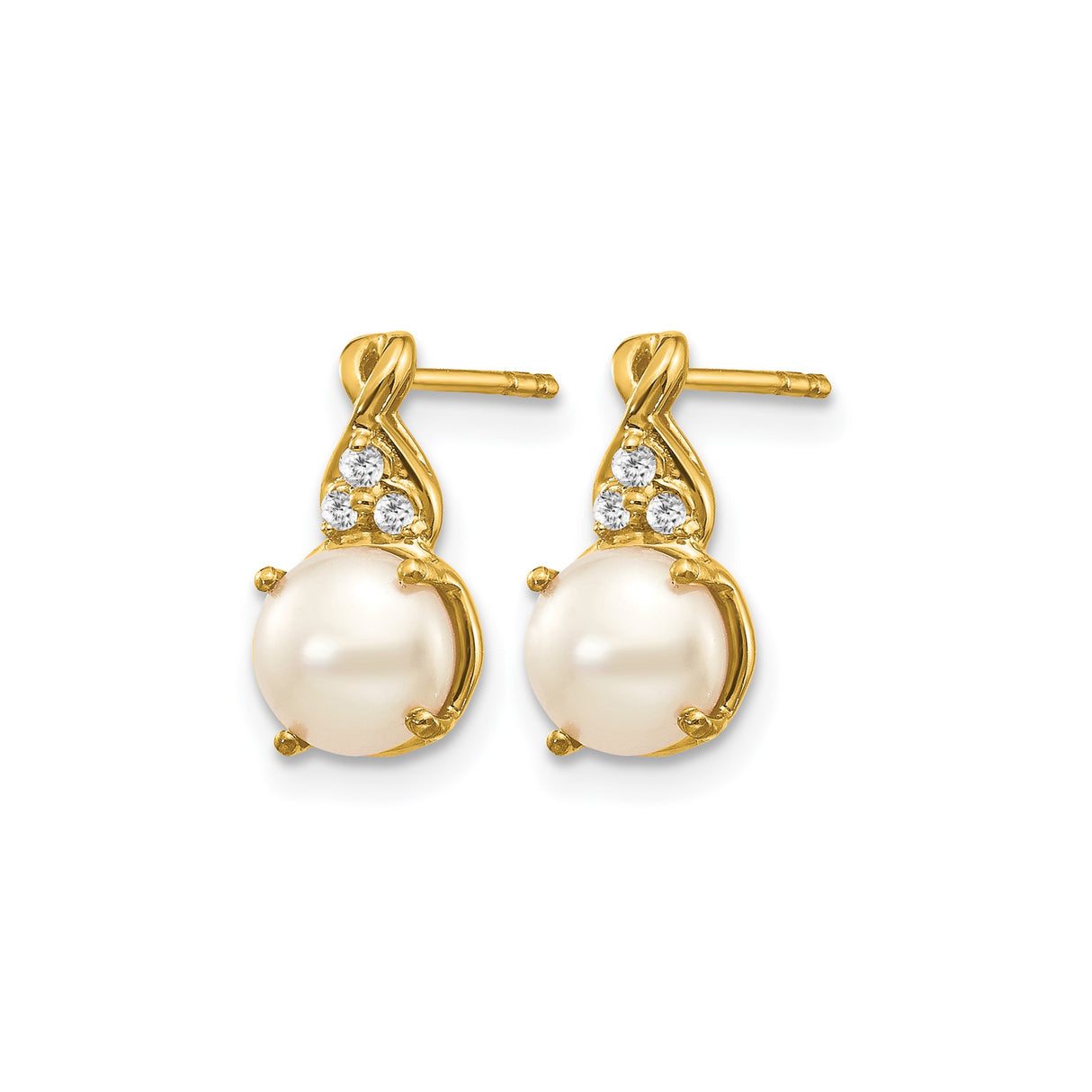 14k Yellow Gold Earrings with Cultured White Pearls and Diamond Accents, Teardrop Stud Design