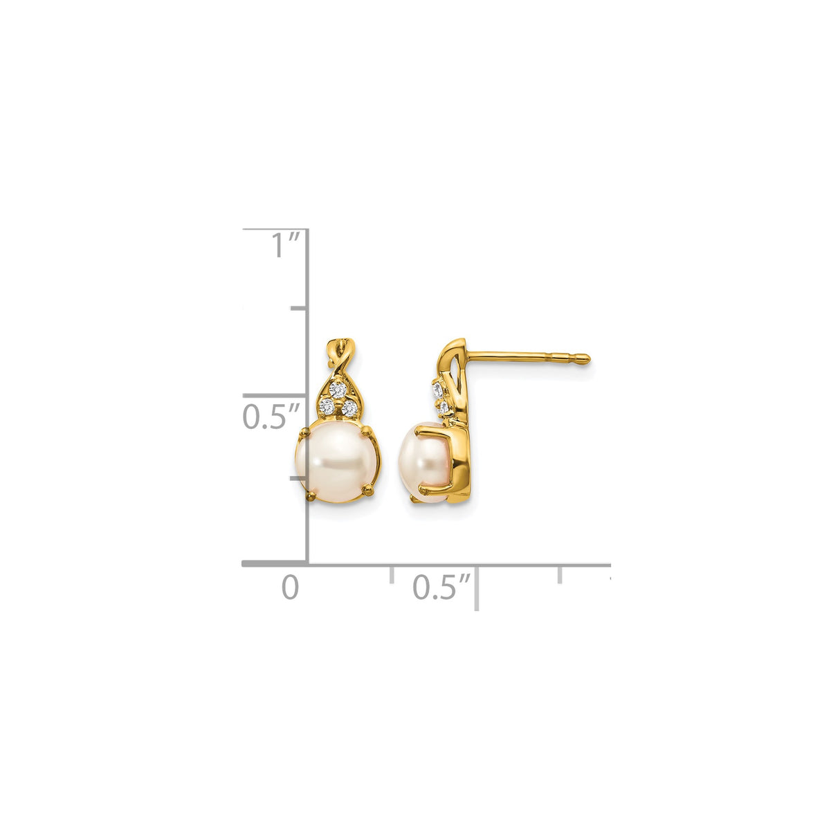 14k Yellow Gold Earrings with Cultured White Pearls and Diamond Accents, Teardrop Stud Design