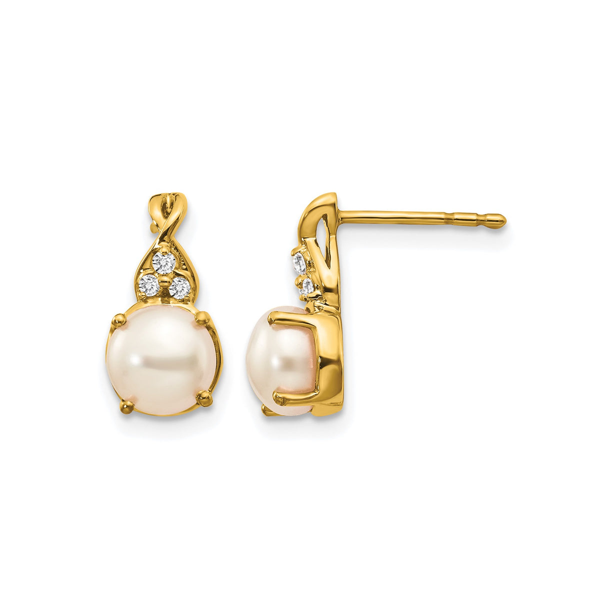 14k Yellow Gold Earrings with Cultured White Pearls and Diamond Accents, Teardrop Stud Design