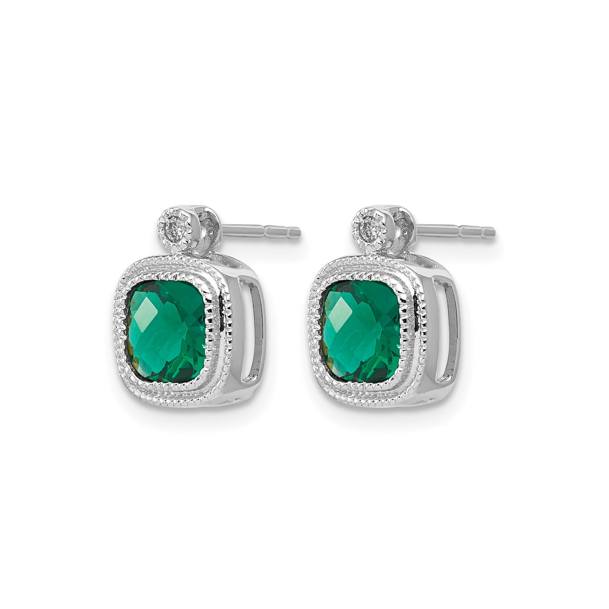 10k White Gold Stud Earrings with Created Emerald and Halo Diamond Accents