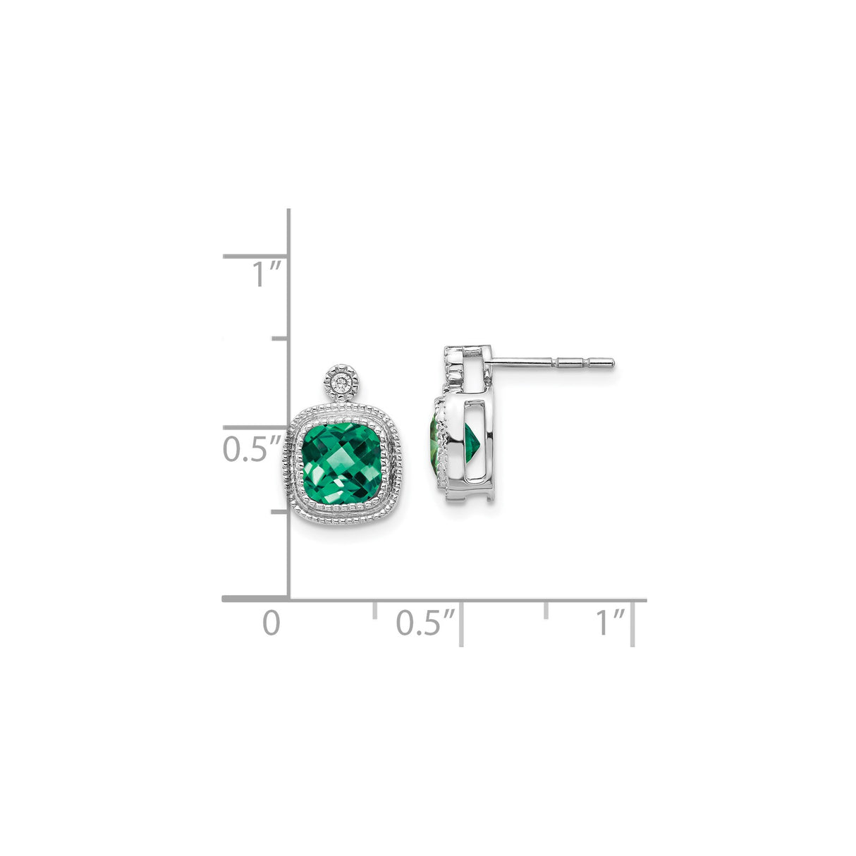 10k White Gold Stud Earrings with Created Emerald and Halo Diamond Accents