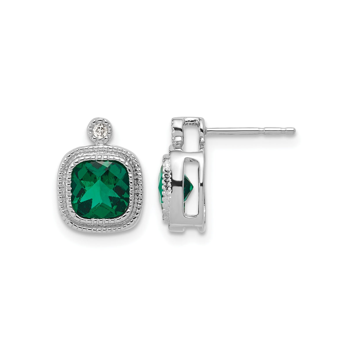 10k White Gold Stud Earrings with Created Emerald and Halo Diamond Accents