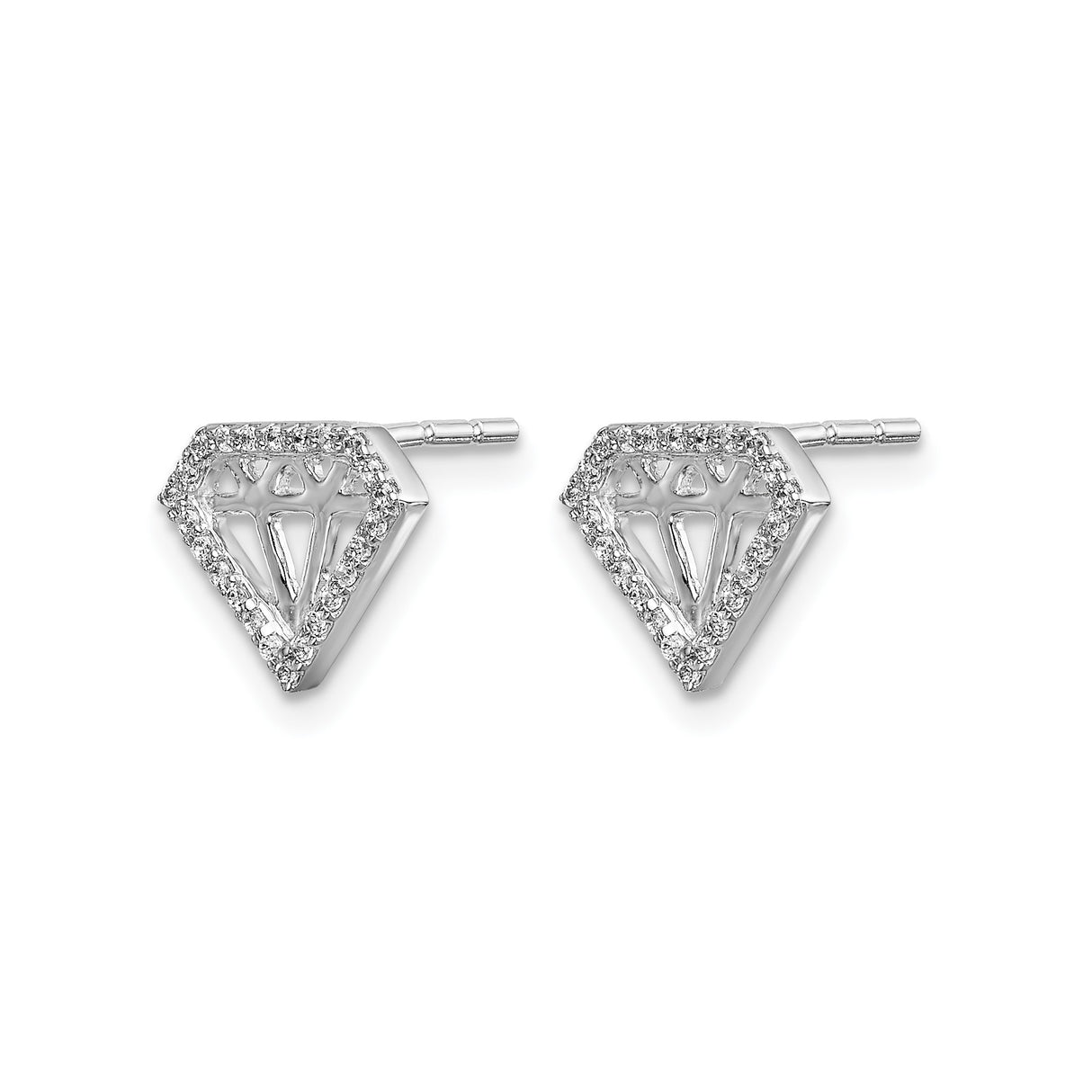 10k White Gold Stud Earrings with Cubic Zirconia, Diamond-Shaped Openwork Geometric Design