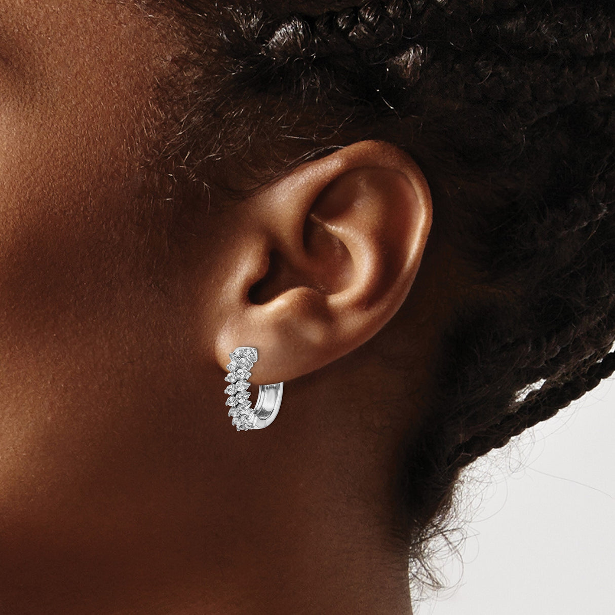 14k White Gold Hoop Earrings with Round and Baguette Diamonds, Modern Pave Design