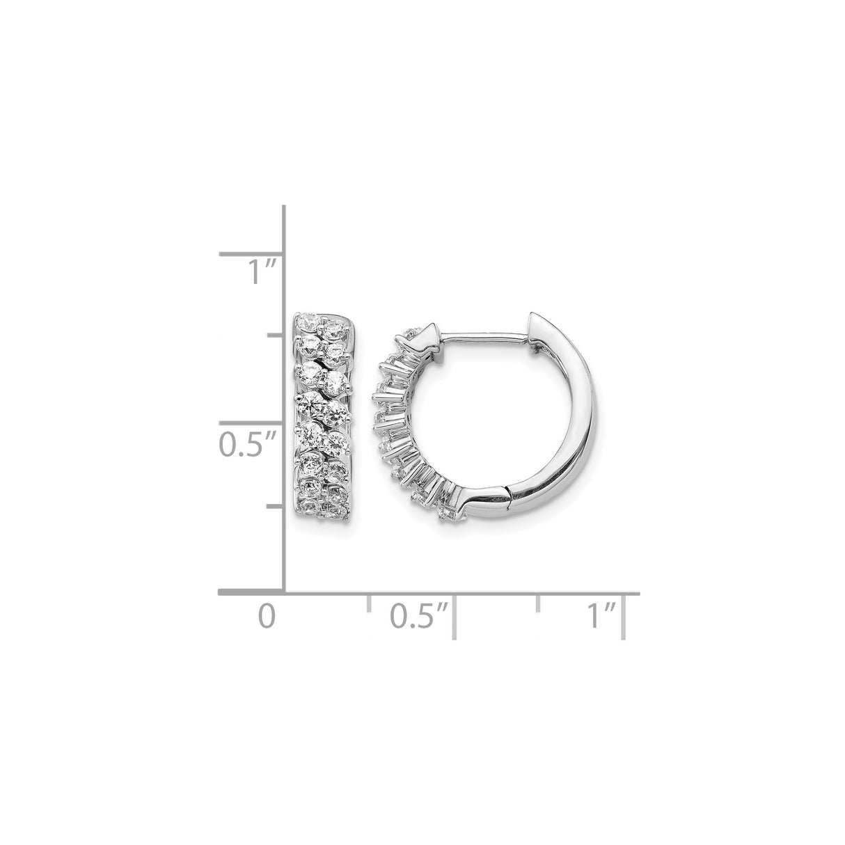14k White Gold Hoop Earrings with Round and Baguette Diamonds, Modern Pave Design
