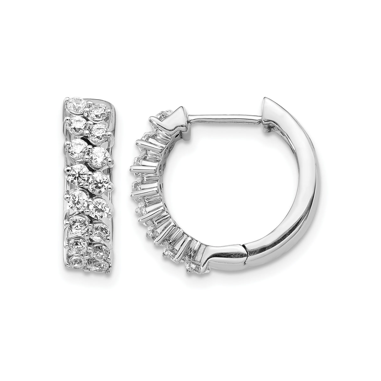 14k White Gold Hoop Earrings with Round and Baguette Cubic Zirconia, Modern Pave Design