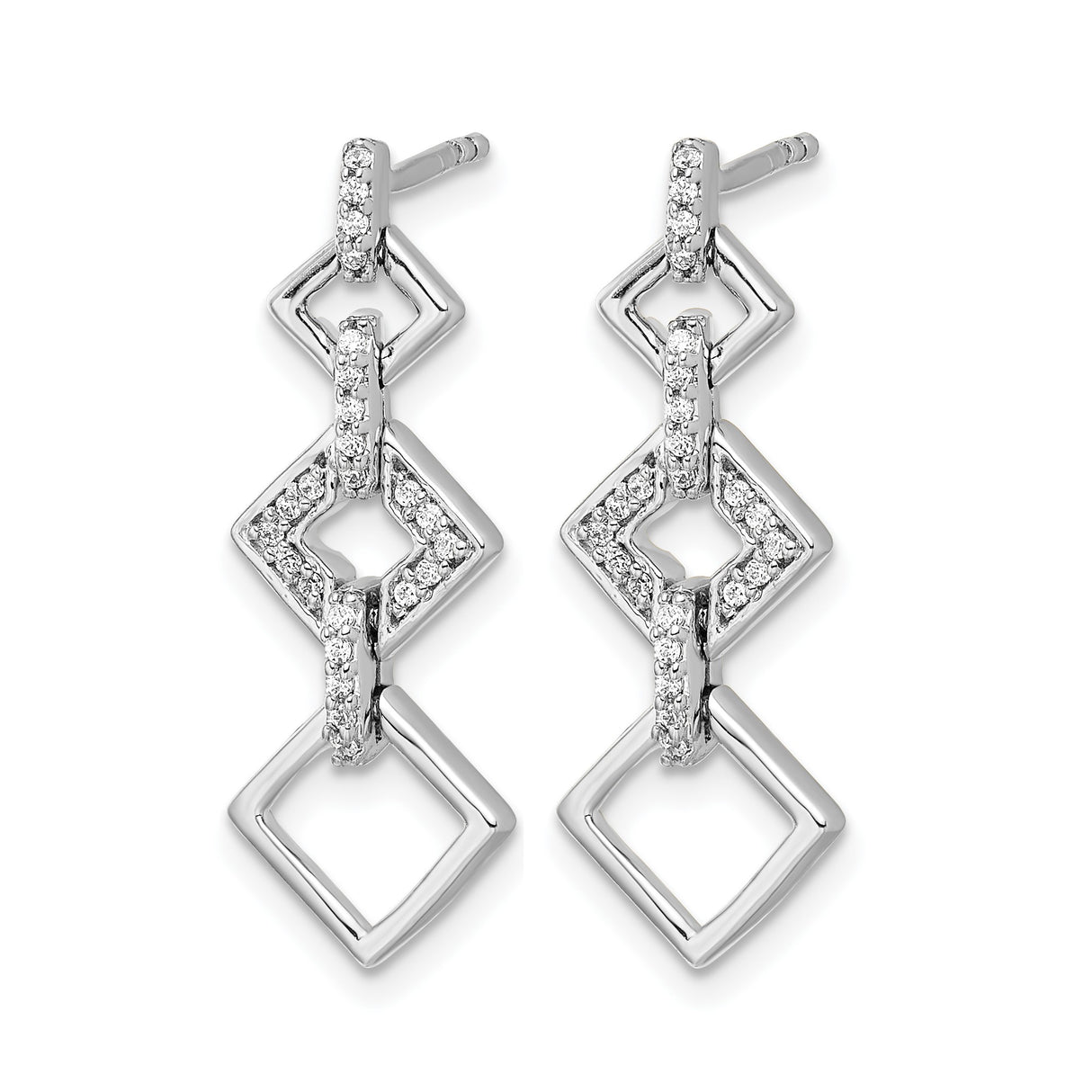 14k White Gold Dangle Earrings with Diamond-Shaped Links and Cubic Zirconia Accents