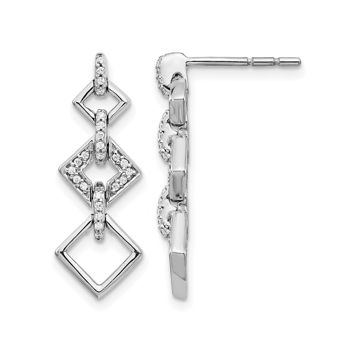 14k White Gold Dangle Earrings with Diamond-Shaped Links and Cubic Zirconia Accents