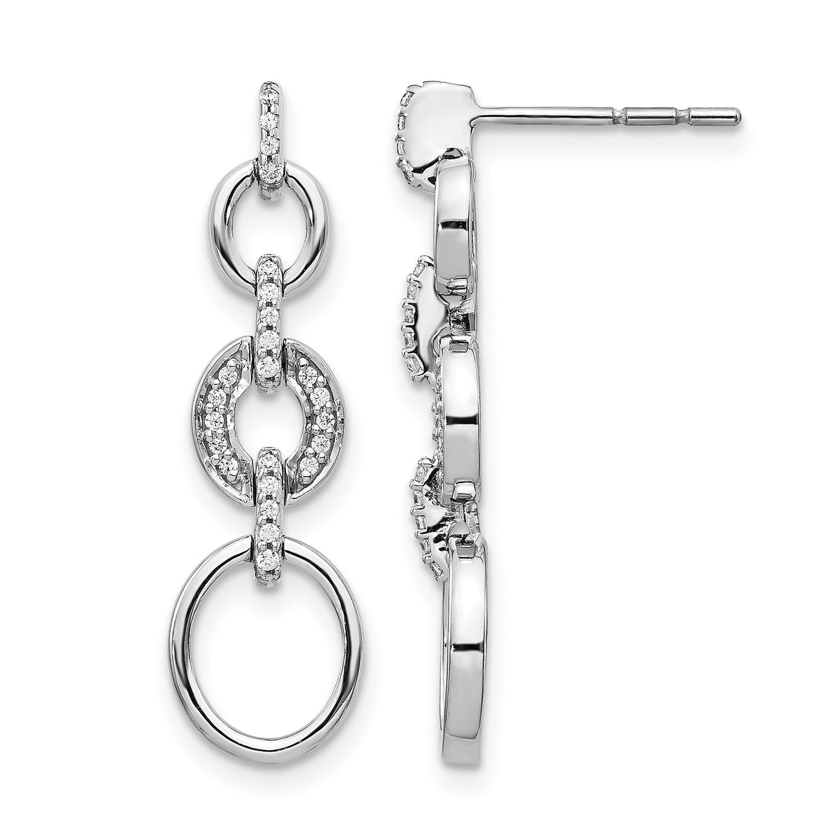 14k White Gold Dangle Earrings with Diamond, Linked Circles and Interlocking Ring Design