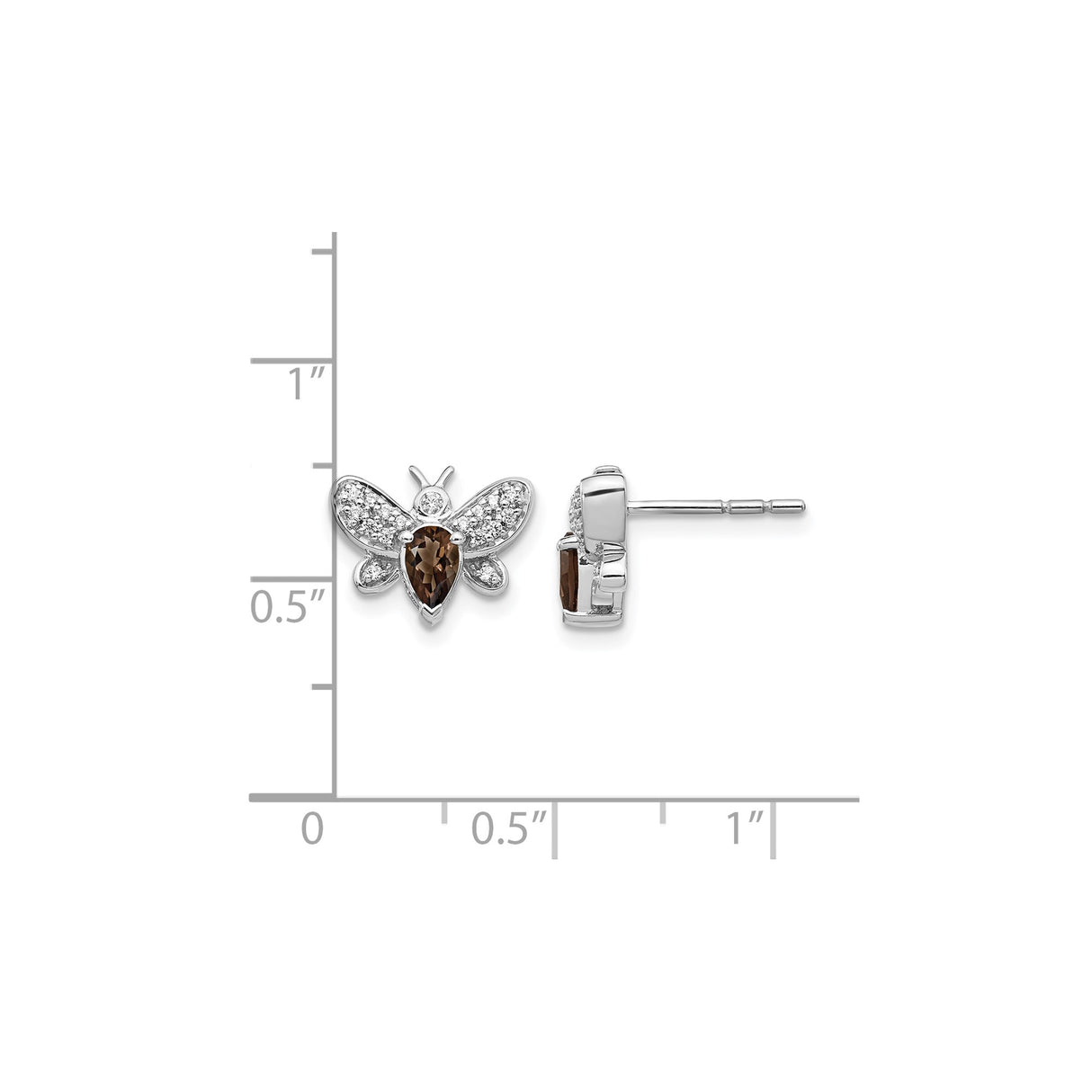 14k White Gold Butterfly Stud Earrings with Pear Cut Smoky Quartz and Diamond Accents