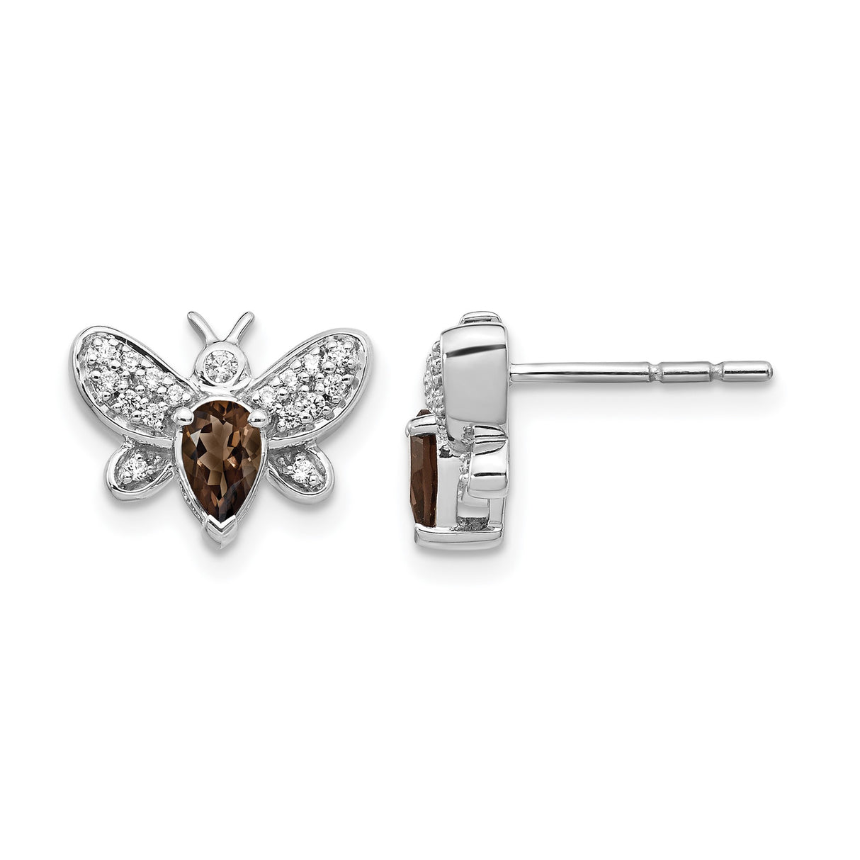 14k White Gold Butterfly Stud Earrings with Pear Cut Smoky Quartz and Diamond Accents