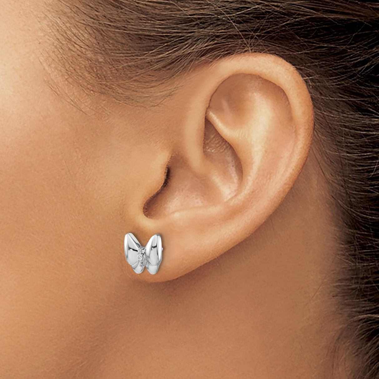 14k White Gold Butterfly Stud Earrings with Diamond Accents, Polished Finish