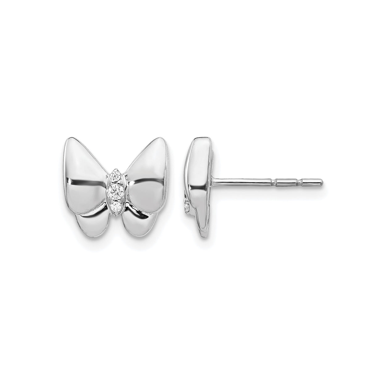 14k White Gold Butterfly Stud Earrings with Diamond Accents, Polished Finish