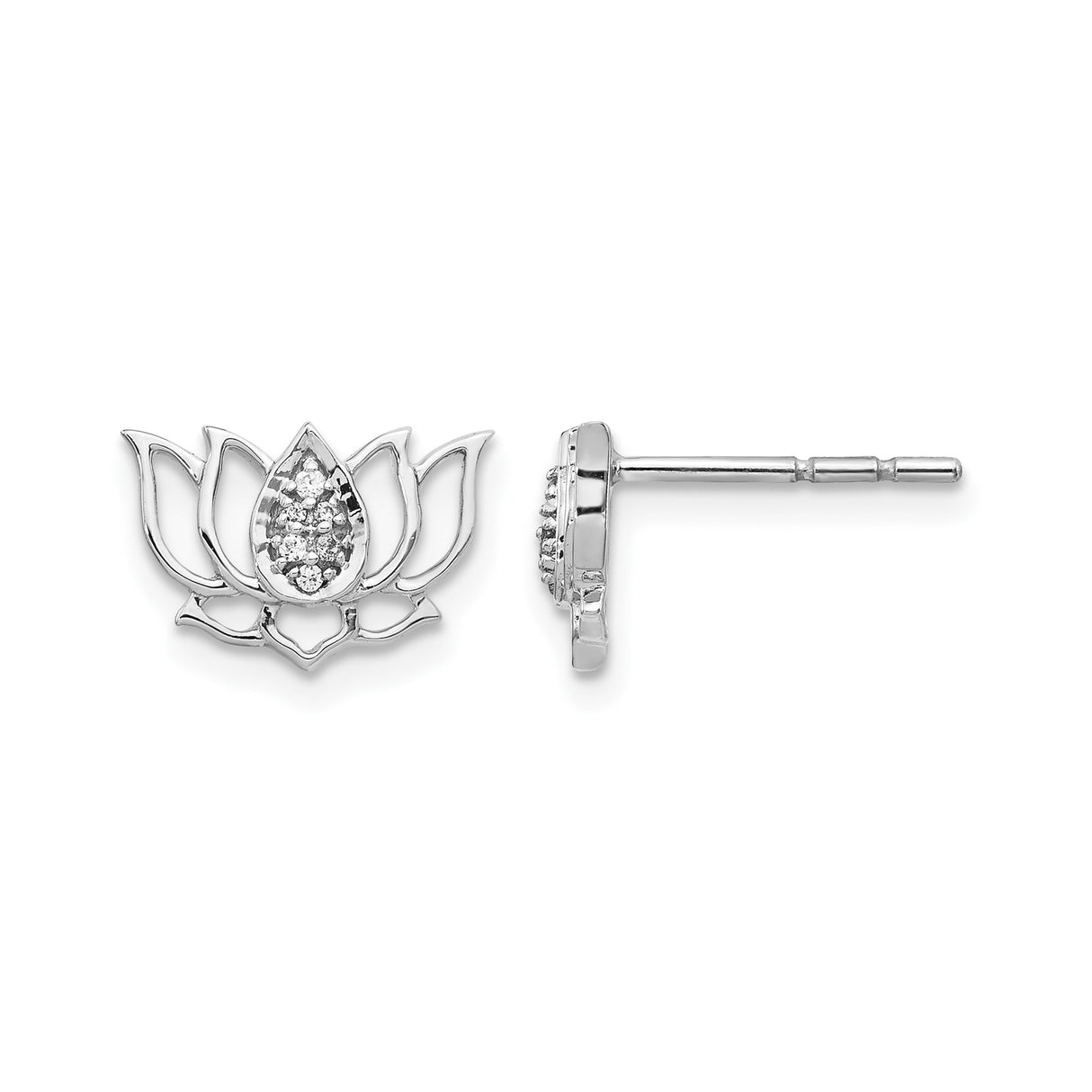 14k White Gold Lotus Flower Stud Earrings with Diamond Accents for Women