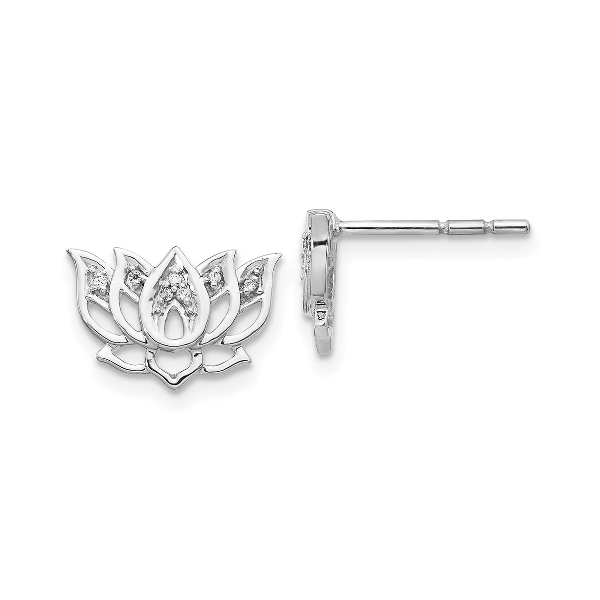 14k White Gold Lotus Flower Stud Earrings with Diamond Accents for Women