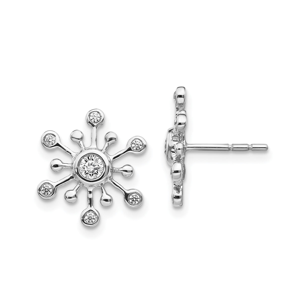 14k White Gold Snowflake Stud Earrings with Diamond Accents, Winter Starburst Design