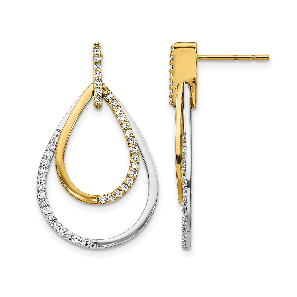 14k Yellow Gold Teardrop Dangle Earrings with Diamond Accents and Intertwined Two-Tone Loops