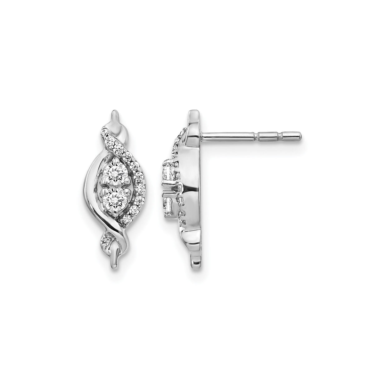 14k White Gold Stud Earrings with Round Diamonds, Marquise Swirl and Pavé Accents