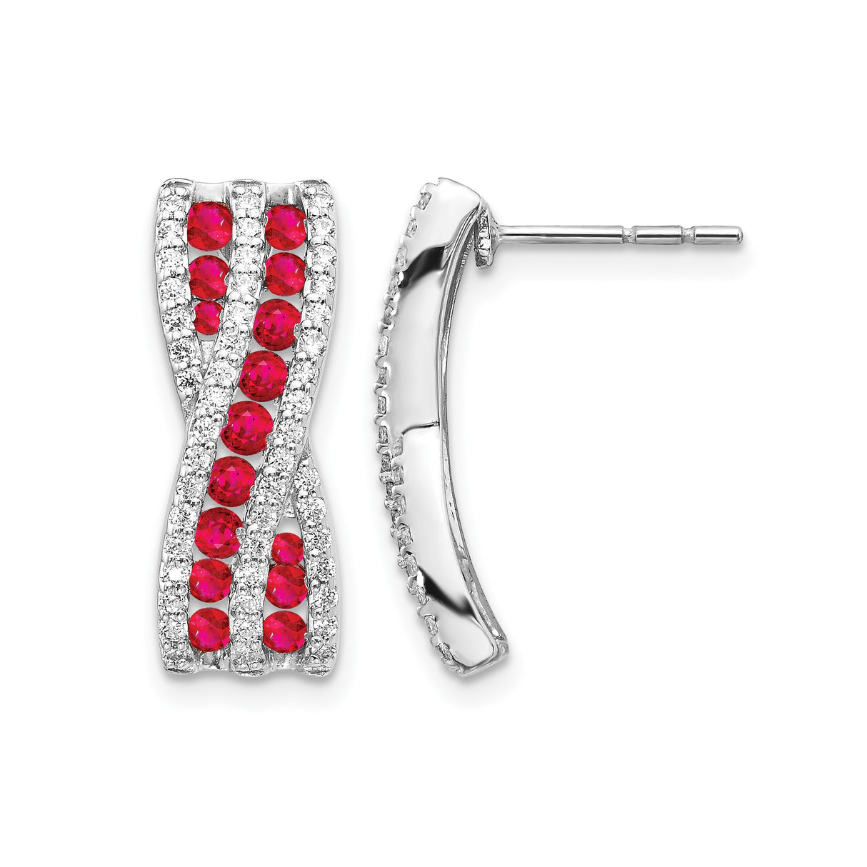 14k White Gold Crisscross Earrings with Ruby and White Accent Stones, Formal Style for Women
