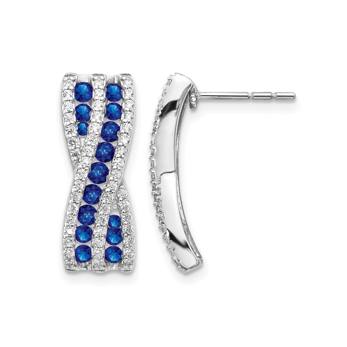 14k White Gold Twisted Earrings with Blue Sapphire and Diamond Crisscross Design