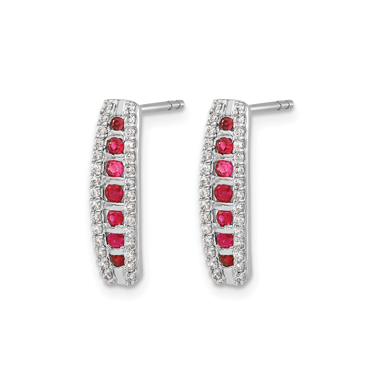 14k White Gold Bar Earrings with Ruby Gemstones and White Accent Stones