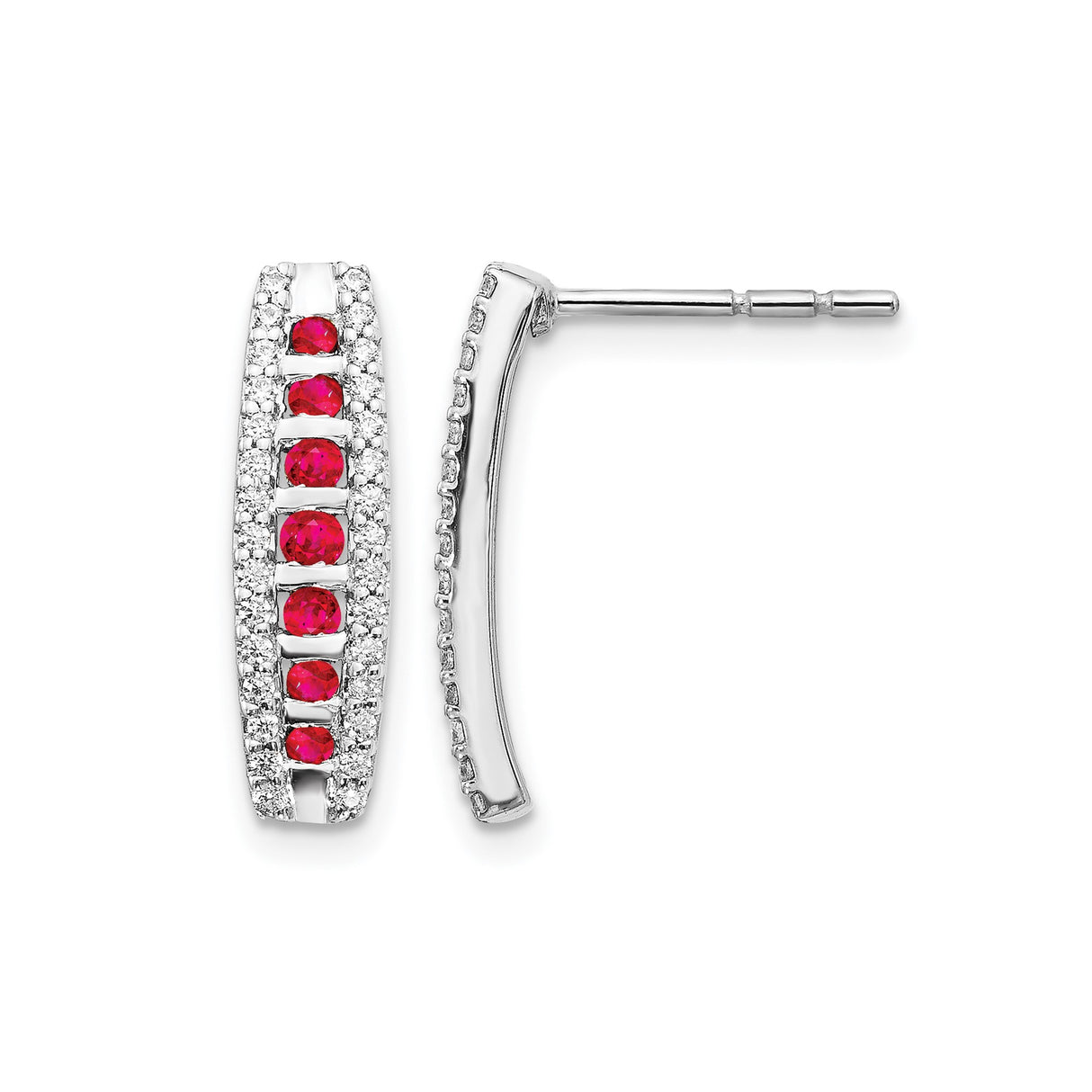 14k White Gold Bar Earrings with Ruby Gemstones and White Accent Stones